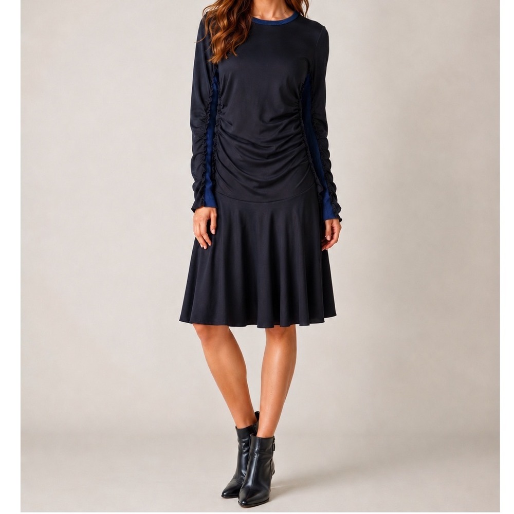 NWT See By Chloe Black Ruched Drop Waist Flounce Dress Navy Trim M